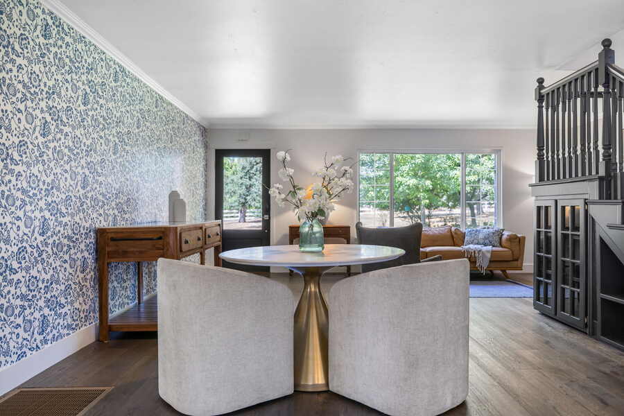 Blue floral wallpaper dining nook