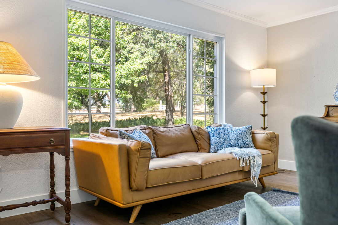 Leather couch with oak view